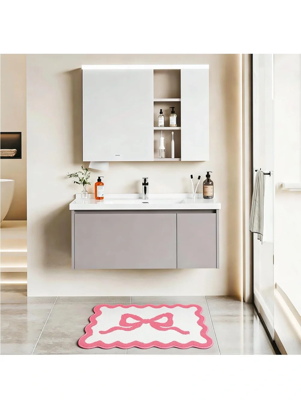 New Pink Bow Bathroom Rug Mat Set 3 Piece, Microfiber Shaggy Bath Set, Non-Slip